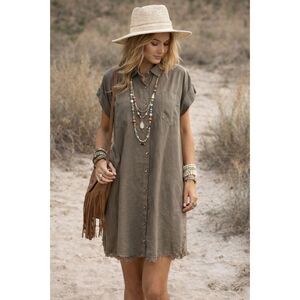Thread + Supply Womens Olive Loose Fit Shirt Dress, w/ Fray Bottom Hem Size LG